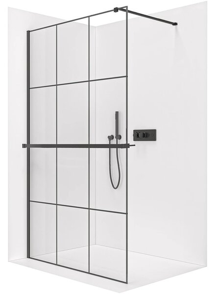 Sprchová zástěna Walk-in Onyx Cube L/P - 8 mm + polička/držák na ručníky - hranatá vzpěra - černá matná, industriální sklo - 90x200 cm