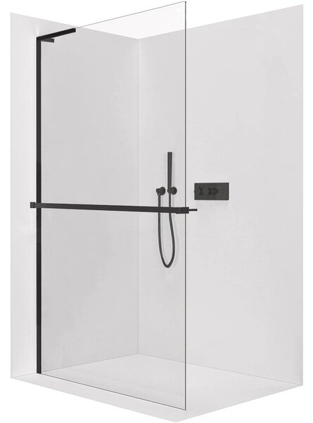 Sprchová zástěna Walk-in Onyx L-levá vzpěra + polička/držák na ručníky - 8 mm - černá matná, transparentní sklo - 30x200 cm