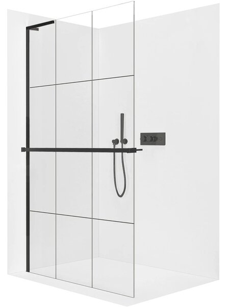 Sprchová zástěna Walk-in Onyx L-levá vzpěra - 8 mm + polička/držák na ručníky - černá matná, industriální sklo - 90x200 cm