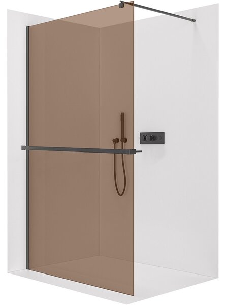 Sprchová zástěna Walk-in Onyx Round L/P - 8 mm + polička/držák na ručníky - kulatá vzpěra - černá matná, bronzové sklo - 50x200 cm