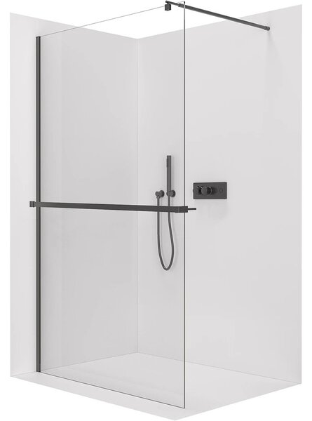 Sprchová zástěna Walk-in Onyx Round L/P - 8 mm - kulatá vzpěra + polička/držák na ručníky - černá matná, transparentní sklo - 30x200 cm