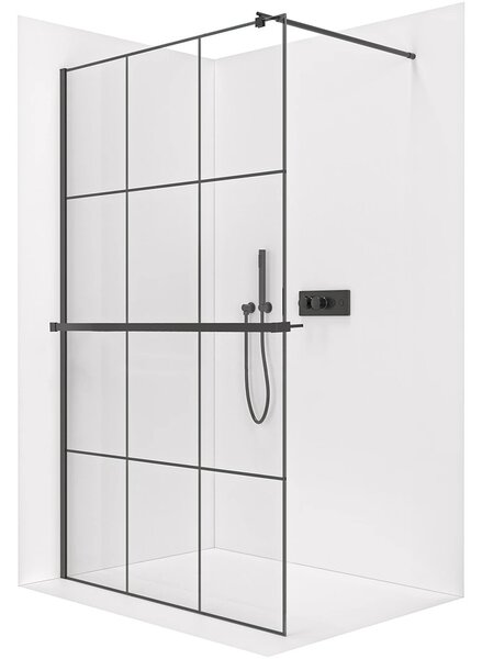 Sprchová zástěna Walk-in Onyx Round L/P - 8 mm + polička/držák na ručníky - kulatá vzpěra - černá matná, industriální sklo - 90x200 cm