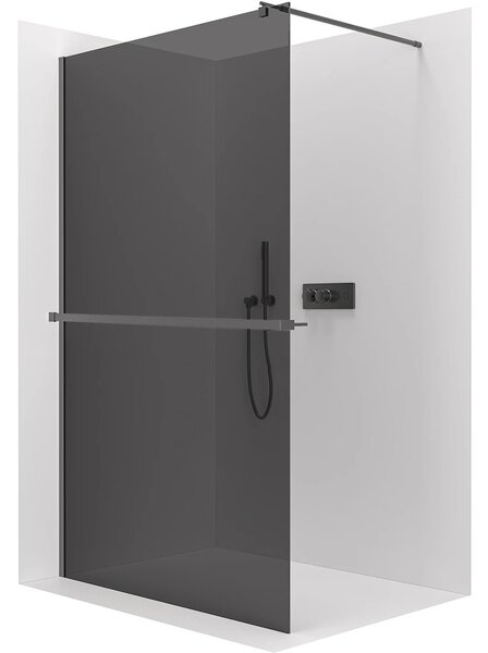 Sprchová zástěna Walk-in Onyx Round L/P - 8 mm - kulatá vzpěra + polička/držák na ručníky - černá matná, grafitové sklo - 30x200 cm