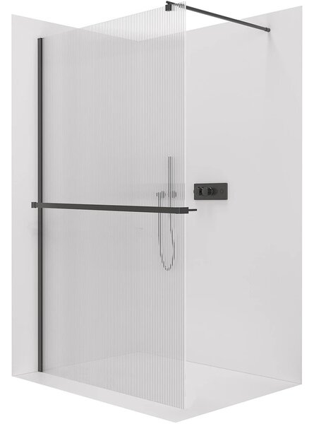 Sprchová zástěna Walk-in Onyx Round L/P - 8 mm + polička/držák na ručníky - kulatá vzpěra - černá matná, rýhované sklo - 50x200 cm
