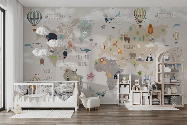 Fototapety Mapa světa se zvířaty a balónky, Fototapety dětské, u96461 : uwalls.cz