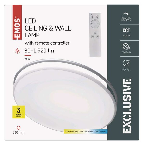 Emos ZM5165 EXCLUSIVE - LED přisazené stmívatelné svítidlo se změnou barvy světla,24W, dálkové ovládání, 2700 - 6500K, Ø 36cm (LED stropní svítidlo stmívatelné ovladačem)