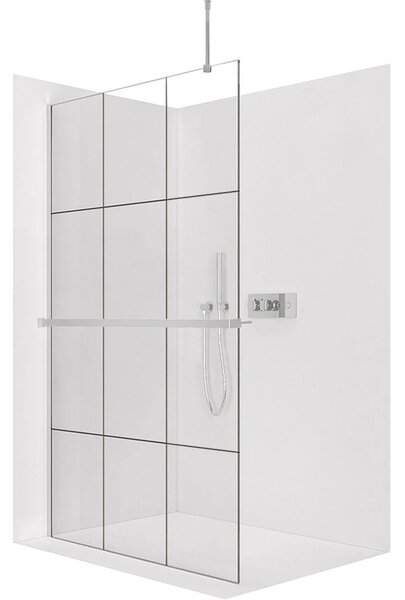 Sprchová zástěna Walk-in Onyx Top Round L/P - 8 mm - kulatá vzpěra + polička/držák na ručníky - chrom, industriální sklo - 90x200 cm
