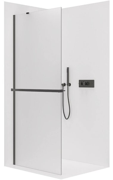Sprchová zástěna Walk-in Onyx Y L/P - 8 mm - kulatá vzpěra + polička/držák na ručníky - černá matná, mléčné sklo - 30x200 cm