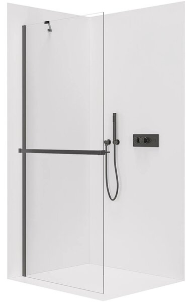 Sprchová zástěna Walk-in Onyx Y L/P - 8 mm - kulatá vzpěra + polička/držák na ručníky - černá matná, transparentní sklo - 30x200 cm