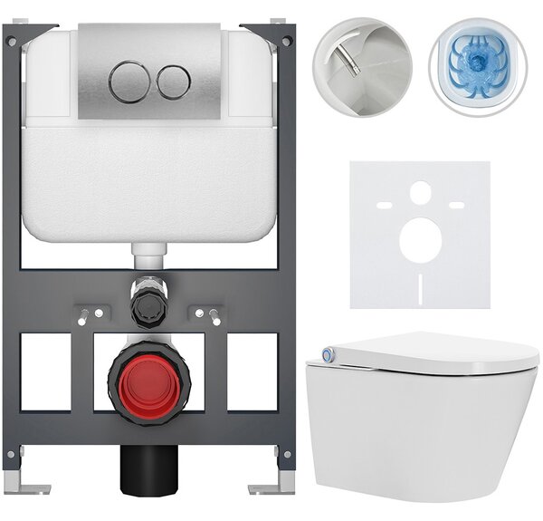 Závěsné WC s bidetem Basic/Cronus Standard - bílá lesklá - WC tlačítko Dualo/Stříbrná - závěsné - nízký modul - předstěnová instalace - 59,3x38,4 cm