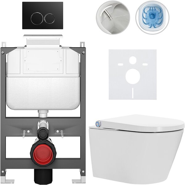 Závěsné WC s bidetem Basic/Cronus Standard - bílá lesklá - WC tlačítko Dualo/Černá - ovládání shora - předstěnová instalace - 59,3x38,4 cm