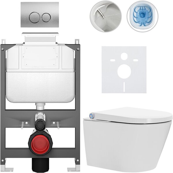 Závěsné WC s bidetem Basic/Cronus Standard - bílá lesklá - WC tlačítko Dualo/Stříbrná - ovládání shora - předstěnová instalace - 59,3x38,4 cm