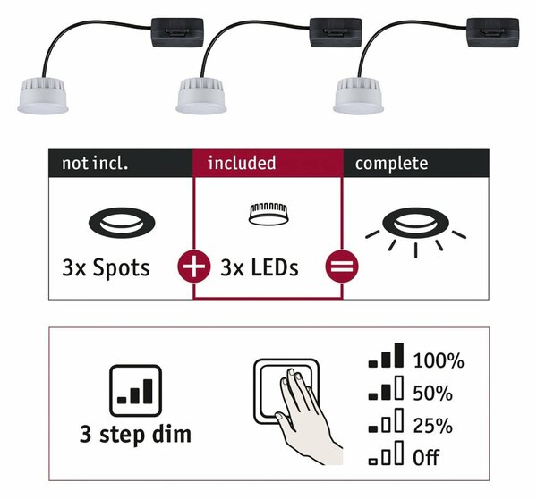 PAULMANN LED Modul vestavné svítidlo 3-krokové-stmívatelné Choose Coin 3ks sada kruhové 50mm Coin 3x6W 3x470lm 230V 2700K satén
