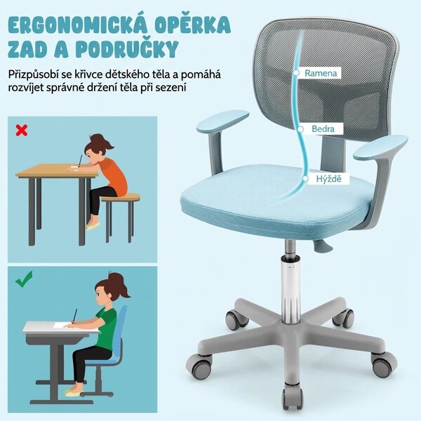 Dětská otočná židle s područkami, modro-šedá HY10252BL