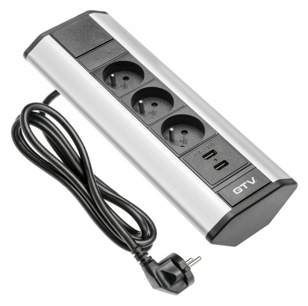 GTV AE-PBKT3U2U-80 Zásuvky stolní rohové, 3x zásuvka, 2xUSB, stříbrná