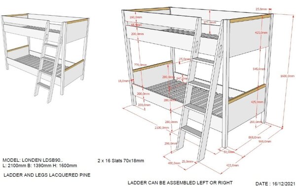 Bílá dvoupatrová postel Vipack Londen 90 x 200 cm