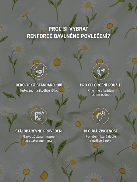 MK Lůžkoviny Bavlněné povlečení Renforcé - Sedmikrásky šedozelené/bílé 140 × 200 cm, 70 x 90 cm