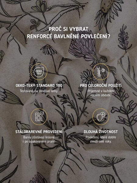 MK Lůžkoviny Francouzské bavlněné povlečení Renforcé - Herbář béžové 220 × 200 cm, 2ks 70 x 90 cm