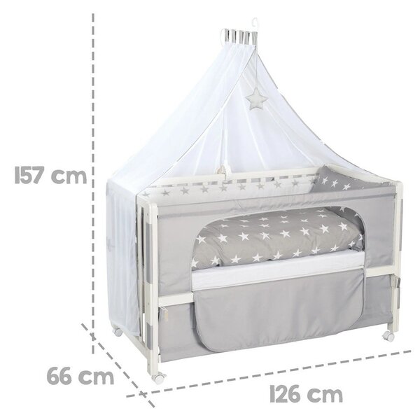 Bílá postýlka na kolečkách s nebesy 60x120 cm Little stars – Roba