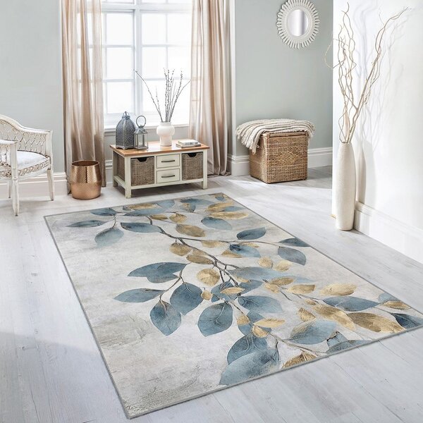 Pratelný běhoun ve světle modré a zlaté barvě 80x200 cm Golden Leaves – Mila Home