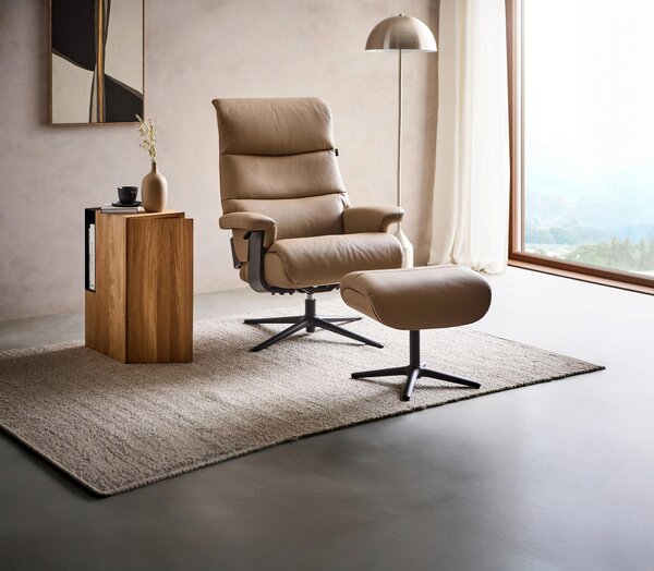 RELAXAČNÍ KŘESLO S TABURETEM, kov, textil, kůže, černá, šedohnědá Xora - Křesla klasická