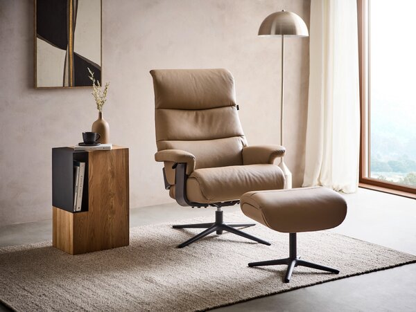RELAXAČNÍ KŘESLO S TABURETEM, kov, textil, kůže, černá, šedohnědá Xora - Křesla klasická