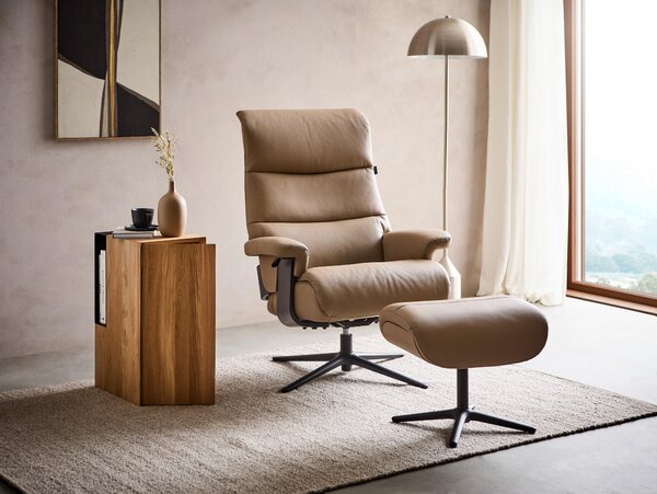 RELAXAČNÍ KŘESLO S TABURETEM, kov, textil, kůže, černá, šedohnědá Xora - Křesla klasická