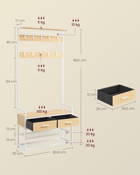 SONGMICS Předsíňový věšák Viro 80,4 cm bílý/dub zlatý