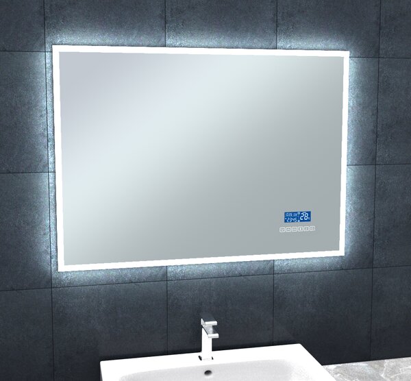 Zrcadlo s LED osvětlením 90x65 cm, bluetooth, hodinami, kalendářem, teplotou vzduchu a nastavitelnou teplotou světla