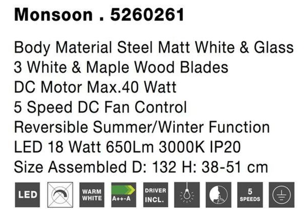 NOVA LUCE stropní ventilátor se světlem MONSOON tělo z oceli matná bílá a sklo 3ABS dřevěné listy LED 18W 3000K 5260261