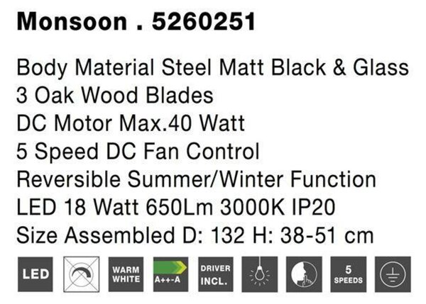 NOVA LUCE stropní ventilátor se světlem MONSOON tělo z oceli matná černá a sklo 3ABS dřevěné listy LED 18W 3000K 5260251