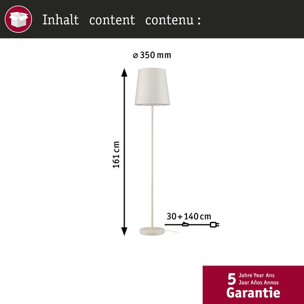 Paulmann 80103 Stellan, stojací lampa z kovu a krémové látky, 1x20W LED E27, výška 161cm