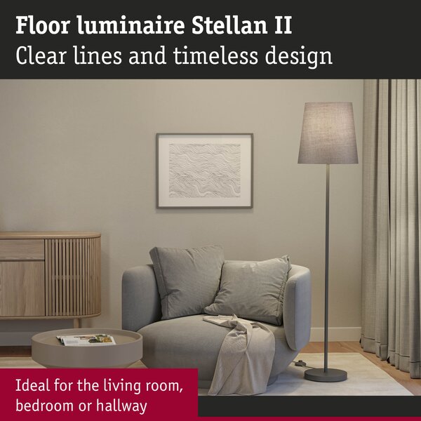 Paulmann 80105 Stellan, stojací lampa z kovu a šedé látky, 1x20W LED E27, výška 161cm