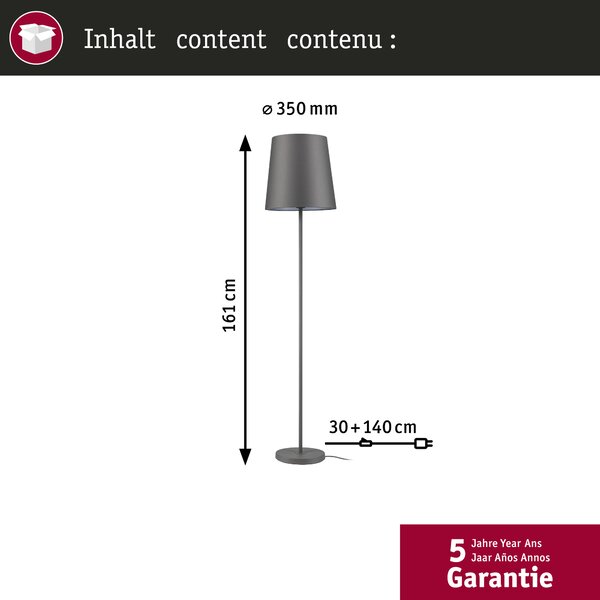 Paulmann 80105 Stellan, stojací lampa z kovu a šedé látky, 1x20W LED E27, výška 161cm