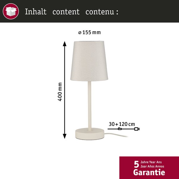 Paulmann 80102 Stellan, stolní lampička z kovu a krémové látky, 1x20W LED E27, výška 40cm