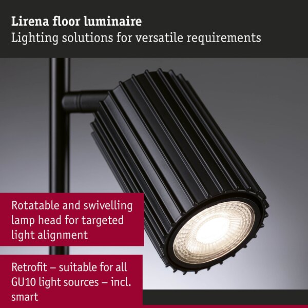 Paulmann 94924 Lirena, černá stojací lampa s 2 reflektory, 2xGU10, výška 157,5cm