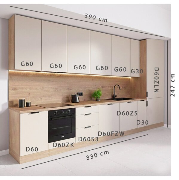 Kuchyňská linka SORENTO pz | 390 cm | se soklem | KVALITNÍ ZÁSUVKY | puccini/béžová
