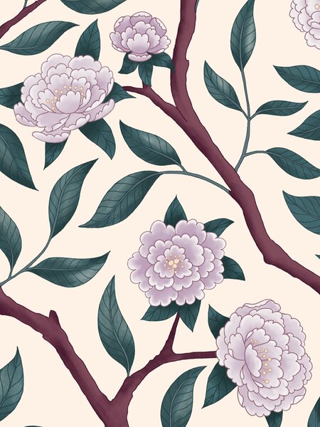 FUGU Květinová tapeta Pivoňky v zahradě – Chinoiserie Peonies Materiál: Digitální eko vlies - klasická tapeta nesamolepicí