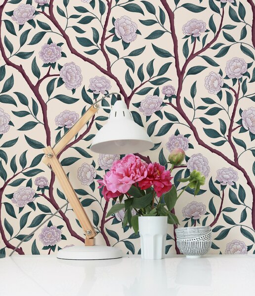 FUGU Květinová tapeta Pivoňky v zahradě – Chinoiserie Peonies Materiál: Digitální eko vlies - klasická tapeta nesamolepicí