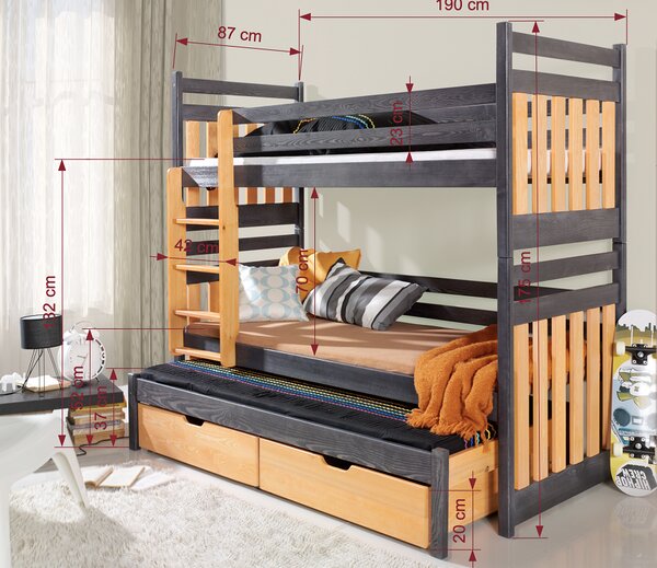 Meblobed Poschoďová postel Sambor - pro 3 děti Velikost spací plochy: 180x80, Barva dílů: buk, Barva konstrukce: olše