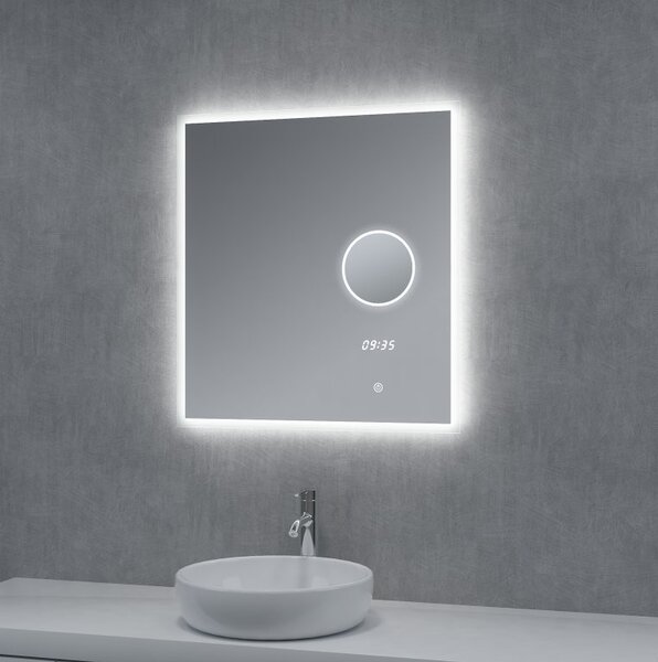 LED zrcadlo TIME 60x65 cm, hodiny, kosmetické zrcátko, nastavitelné osvětlení