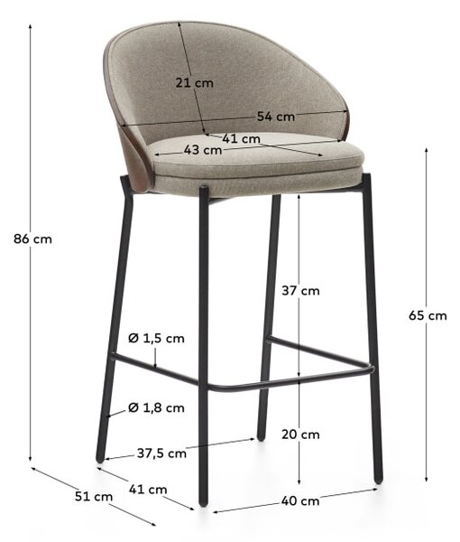 Béžová látková barová židle Kave Home Eamy s hnědým dřevěným opěradlem 65 cm