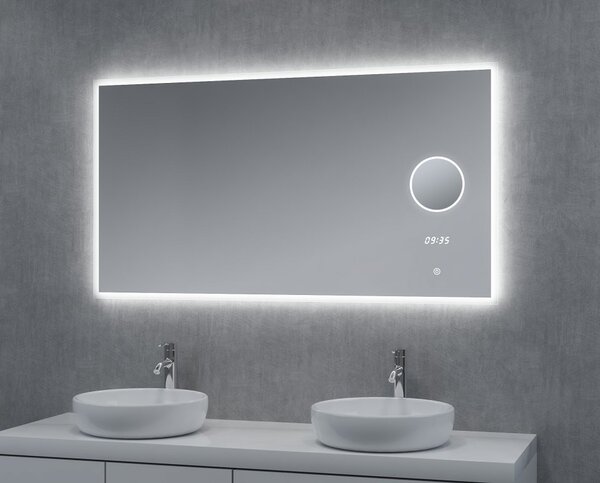 Zrcadlo s LED osvětlením kosmetickým zrcátkem a hodinami, 1200 x 650 mm
