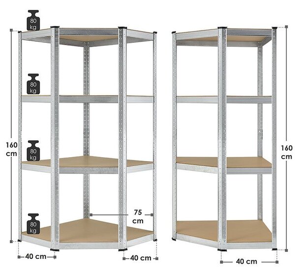 Juskys Rohový regál - 160x75x40-75 cm - stříbrný