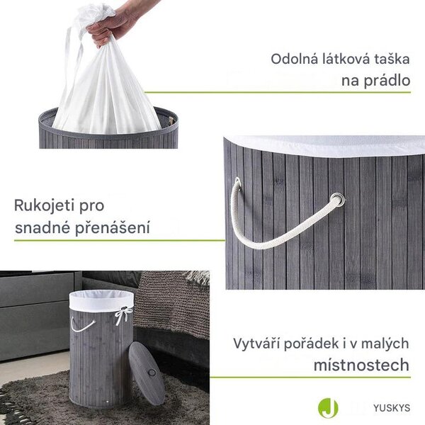 Juskys Bambusový koš na prádlo Curly Round 55 L - šedý