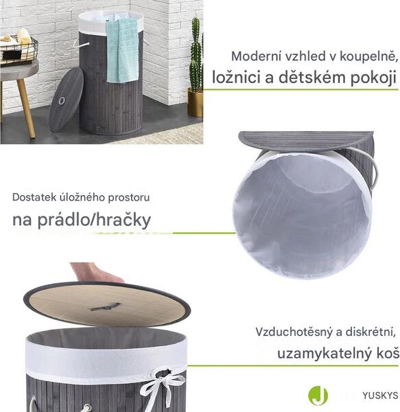 Juskys Bambusový koš na prádlo Curly Round 55 L - šedý