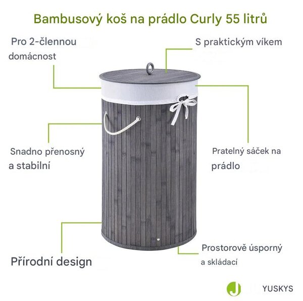 Juskys Bambusový koš na prádlo Curly Round 55 L - šedý