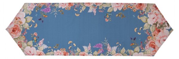 Modrý bavlněný běhoun na stůl s květinovým motivem Floral Fiesta – 50x160 cm