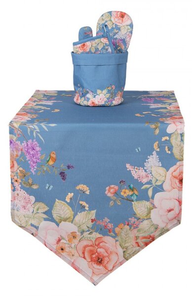Modrý bavlněný běhoun na stůl s květinovým motivem Floral Fiesta – 50x160 cm