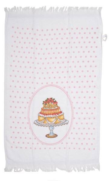 Bílý froté ručník s dortem a růžovými puntíky – 40x66 cm